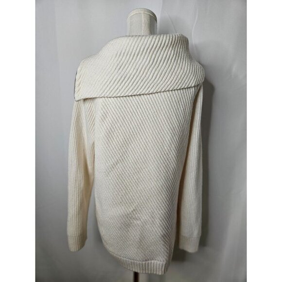 Talbots Large Petite Ribbed Sweater Ivory Asymmetric Side Zip Split Neck NWOT - Picture 5 of 11